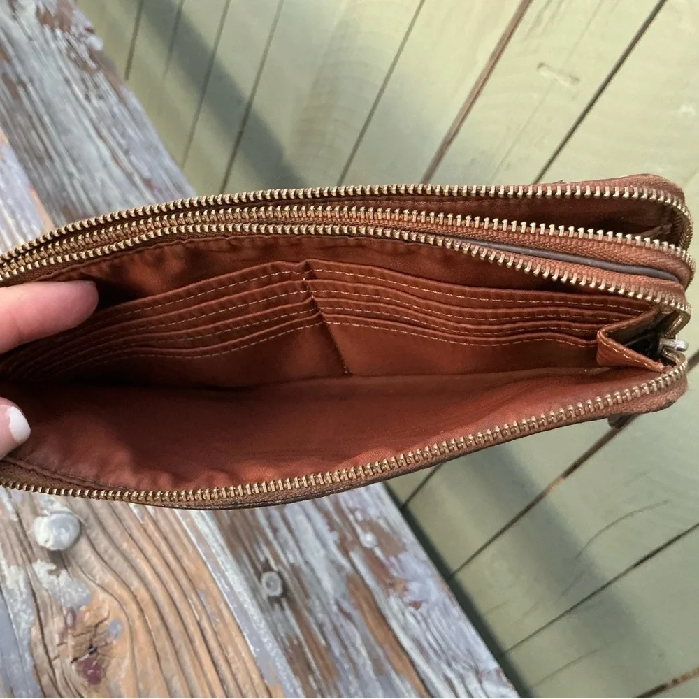 Coach Brown Signature Coated Canvas Double Corner Zip Wallet Wristlet/Purse